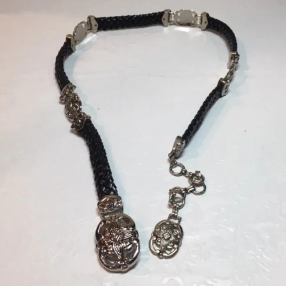 Braided Leather Navy w/ Floral Silver Toned Ornaments Belt Small